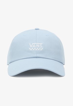 Gorra de béisbol de algodón azul claro con corredera ajustable. Presenta el logotipo blanco de "VANS" y un patrón de tablero de ajedrez. Textura suave y visera curvada.