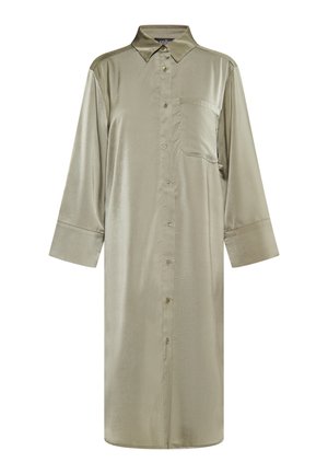 Dlhé olejovo-zelené košeľové šaty vyrobené z hladkej látky, so golierom, predným zapínaním na gombíky a náprsné vrecko. Rukávy s dĺžkou 3/4.