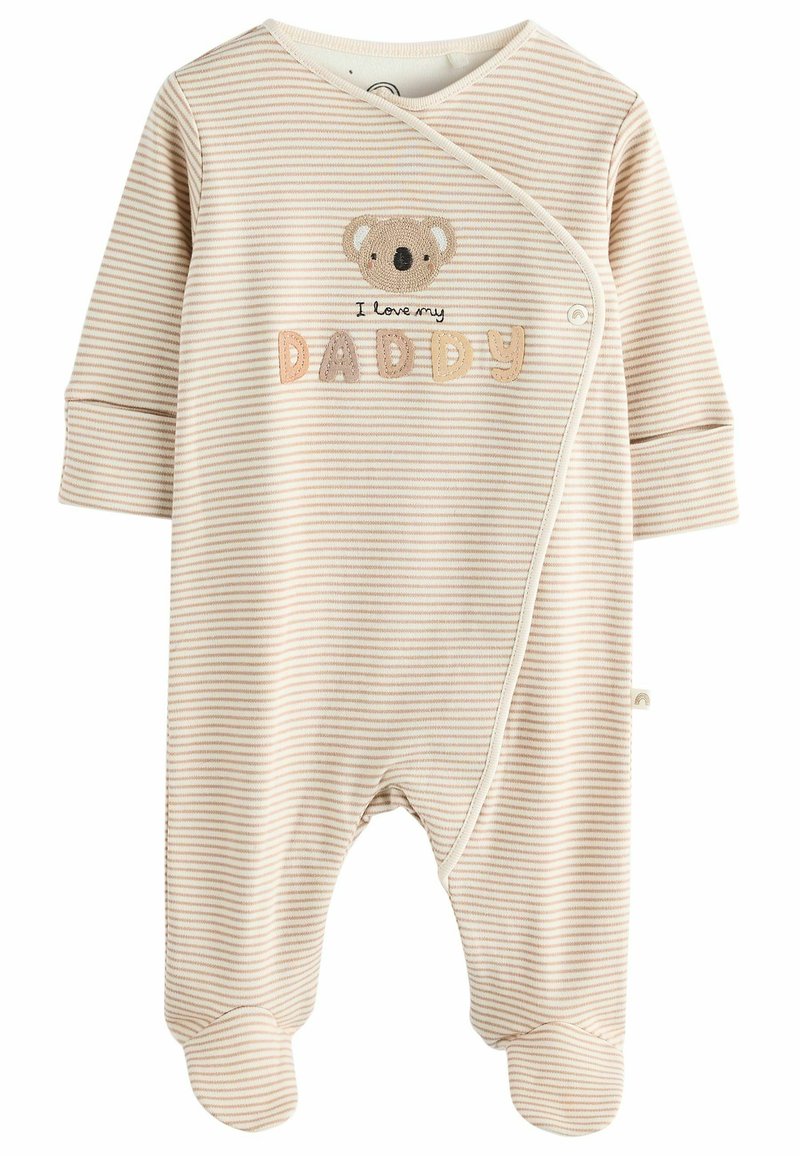 Beige csíkozott babaruha hosszú ujjakkal, patentos záródással, koala grafikával és pasztell színű "Szeretem apukámat" hímezve.