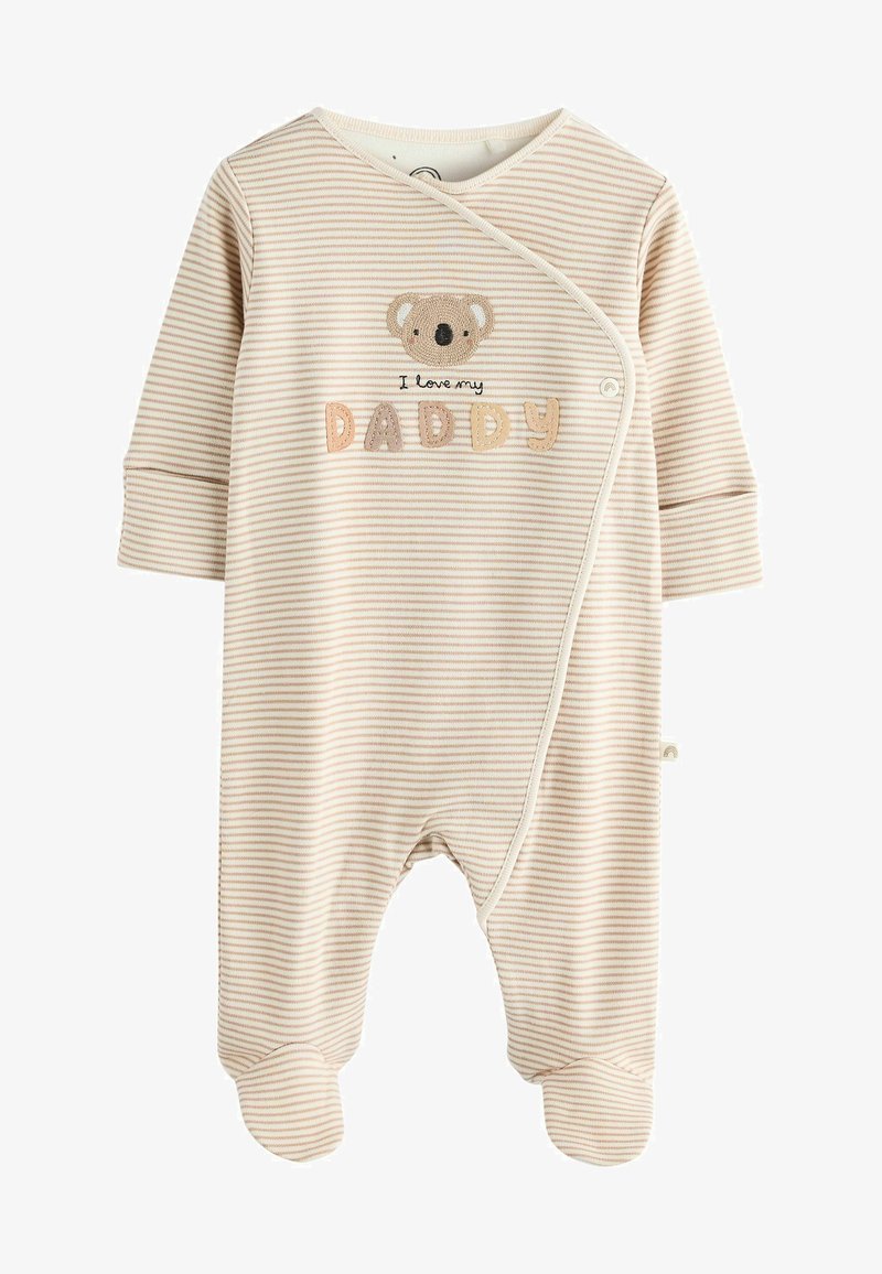 Béžový pruhovaný detský overal s dlhými rukávmi a patentkami, ktorý má na sebe grafiku koaly a vyšívaný nápis "Milujem svojho OTEC" v pastelových farbách.