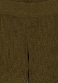 Olive green ribbed leggings with a soft texture and a wide, stretchy waistband. Vertical lines create a textured appearance.