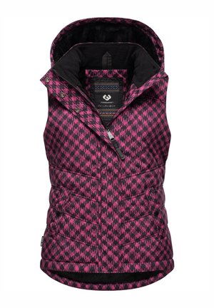 Padded vest with hood, featuring a black and pink geometric pattern, zippered front, and soft black lining for added warmth.