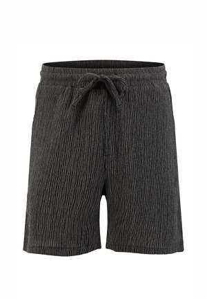 Czarne teksturowane szorty z elastycznym pasem i frontowym sznurowaniem do wiązania, długość do kolan, styl casual.
