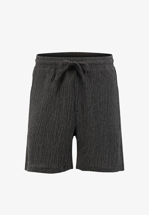 Czarne teksturowane szorty z elastycznym pasem i frontowym sznurowaniem do wiązania, długość do kolan, styl casual.