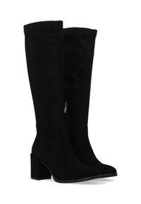Schwarze Wildleder-Stiefel über das Knie mit einem Blockabsatz, seitlichem Reißverschluss und glatter Textur. Einfaches Design, keine sichtbaren Muster.