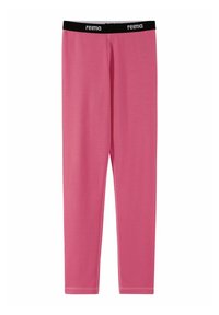 Leggings termici rosa per bambini con vita elasticizzata nera caratterizzati da un motivo ripetuto con il logo "reima".