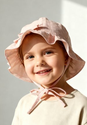 Smiling young child wearing a light pink sun hat with chin ties and a cream-colored shirt, lit by natural soft light.