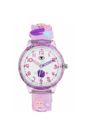 Kinder-Analog-Uhr in Lila und Pink mit beschrifteten Stunden- und Minutenzeigern, Muschel- und Meerjungfrauen-Dekorationen am Armband und Zifferblatt.