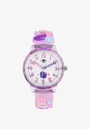Kinder-Analog-Uhr in Lila und Pink mit beschrifteten Stunden- und Minutenzeigern, Muschel- und Meerjungfrauen-Dekorationen am Armband und Zifferblatt.