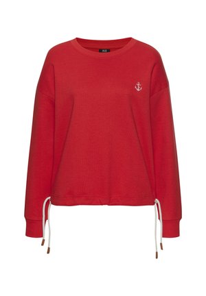 Rotes Sweatshirt mit Rundhalsausschnitt, langen Ärmeln und einem gestickten Ankerdetail. Verfügt über einen Kordelzug am Bund mit lederüberzogenen Enden.