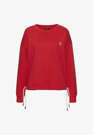 Rotes Sweatshirt mit Rundhalsausschnitt, langen Ärmeln und einem gestickten Ankerdetail. Verfügt über einen Kordelzug am Bund mit lederüberzogenen Enden.