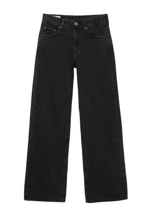 Zwarte denim jeans met wijde pijpen, vijf zakken, een knoopsluiting aan de voorkant en een schone, onbewerkte textuur.