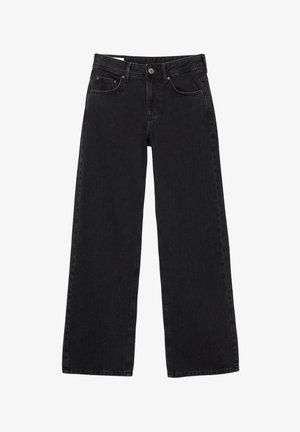 Jeans negri cu croi larg, având cinci buzunare, închidere cu nasture la față și o textură curată, fără ornamente.