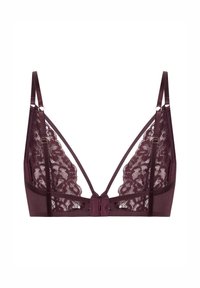 Burgundy kant bralette met doorzichtige kant cups, verstelbare bandjes en een haak-en-oogsluiting. Gladde rugpaneel zonder vulling.