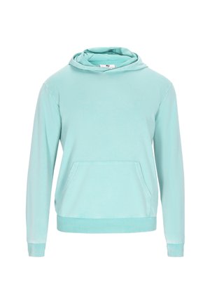 Jasnoniebieska bluza z kapturem wykonana z miękkiej mieszanki bawełny, z kieszenią typu kangur, ściągaczami przy mankietach i na dole, oraz warstwowym projektem kaptura.