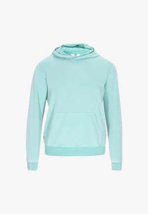 Jasnoniebieska bluza z kapturem wykonana z miękkiej mieszanki bawełny, z kieszenią typu kangur, ściągaczami przy mankietach i na dole, oraz warstwowym projektem kaptura.