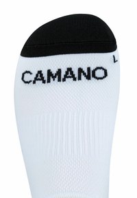 Hvid sok med en sort tåhætter. Har ribbet struktur og sort 'CAMANO' branding på toppen, som angiver størrelse.