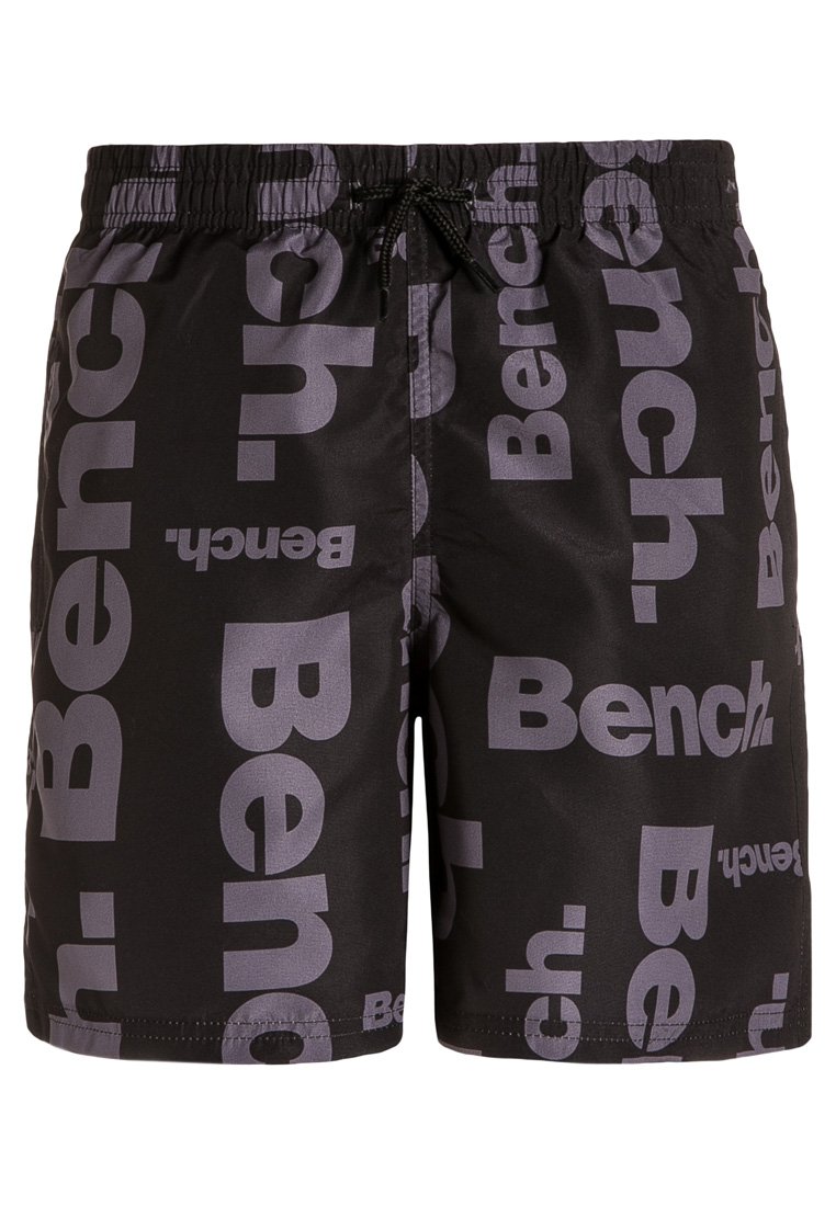 Čierne plavky s veľkým šedým logom "Bench". Majú elastický pás s šnúrkou a hladkú, ľahkú tkaninu.