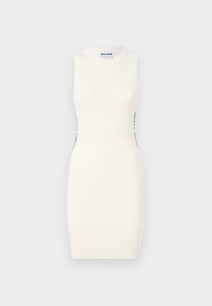 Knit sleeveless dress in white, featuring a fitted design with black side stitching, smooth texture, and no additional embellishments.
