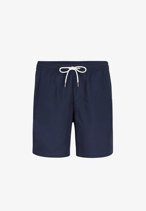 Shorts de bain navy en matière légère, dotés d'un cordon de serrage blanc, d'une taille élastique et d'une poche latérale.