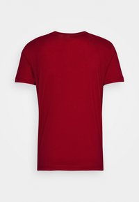 Červené bavlněné tričko s krátkým rukávem, kulatým výstřihem a hladkou texturou. Záda jsou jednoduchá bez jakýchkoliv vzorů nebo log.