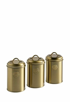 Three gold-colored metal storage canisters with lids and labels for coffee, tea, and sugar.