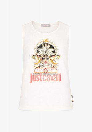 Witte mouwloze top met een centrale kleurrijke print van twee tijgers, een plant, decoratieve elementen en de tekst "Just Cavalli" in vetgedrukte rode letters.