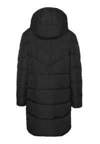 Doudoune noire avec capuche, design matelassé présentant des motifs horizontaux et en chevrons, et une finition lisse et brillante.