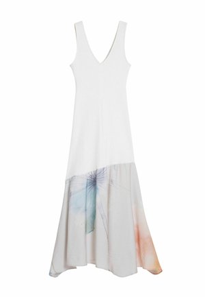 White sleeveless dress with a V-neck, featuring a flowy skirt design and a watercolor floral print in soft pastel colors at the bottom.