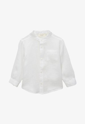 Chemise blanche à manches longues pour tout-petit avec col mandarin, boutons sur le devant, poche poitrine et manches à revers, taille 12 mois.