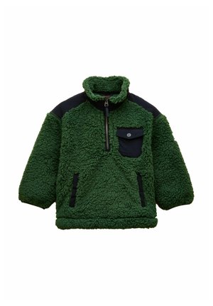Green fleece pullover with black shoulder panels, a black chest pocket with button, a partial front zipper, and side pockets.