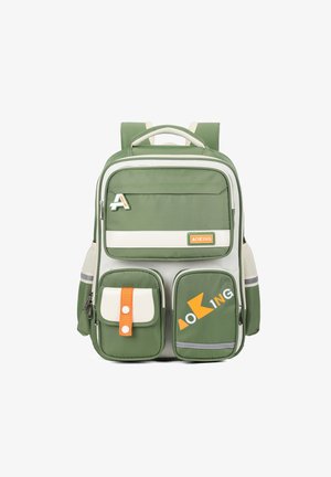 Green backpack with two front zip pockets, orange and white accents, padded straps, and logo detail. Made from durable fabric.