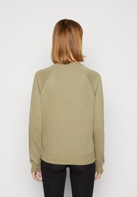 Olivgrön sweatshirt med raglanärmar, mjuk textur och ribbade muddar och fåll. Minimalistisk design, inga synliga mönster eller detaljer.