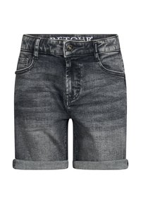Szorty dżinsowe w wyblakłym czarnym kolorze z szarym wykończeniem, z wywiniętym dołem i pięcioma kieszeniami. Zapięcie na guzik z logo na pasku.