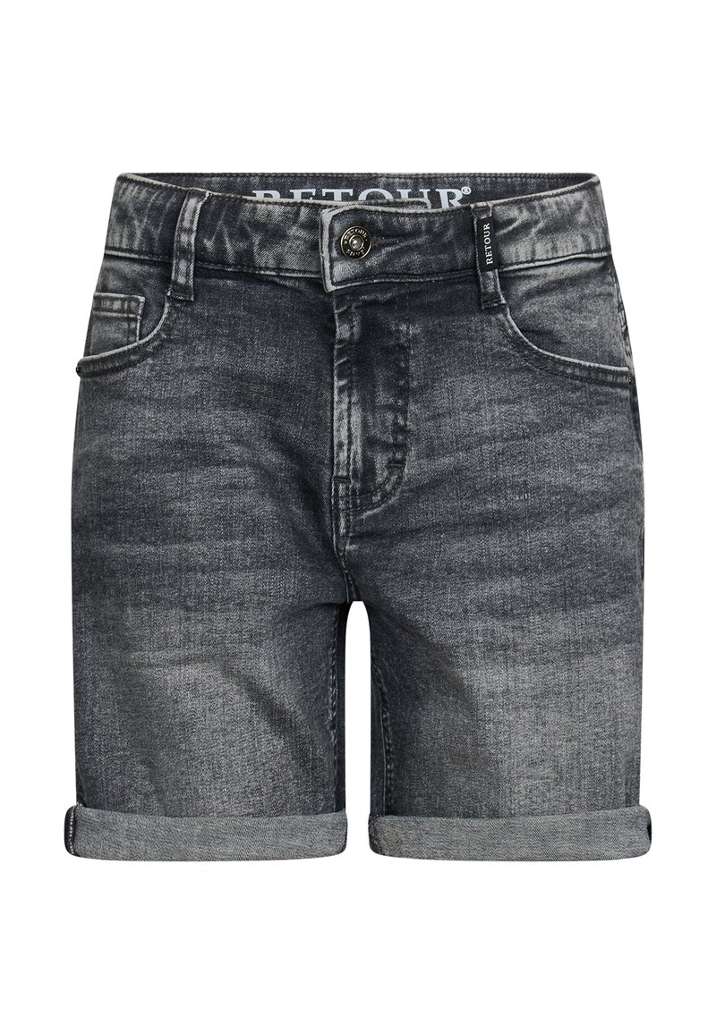 Szorty dżinsowe w wyblakłym czarnym kolorze z szarym wykończeniem, z wywiniętym dołem i pięcioma kieszeniami. Zapięcie na guzik z logo na pasku.