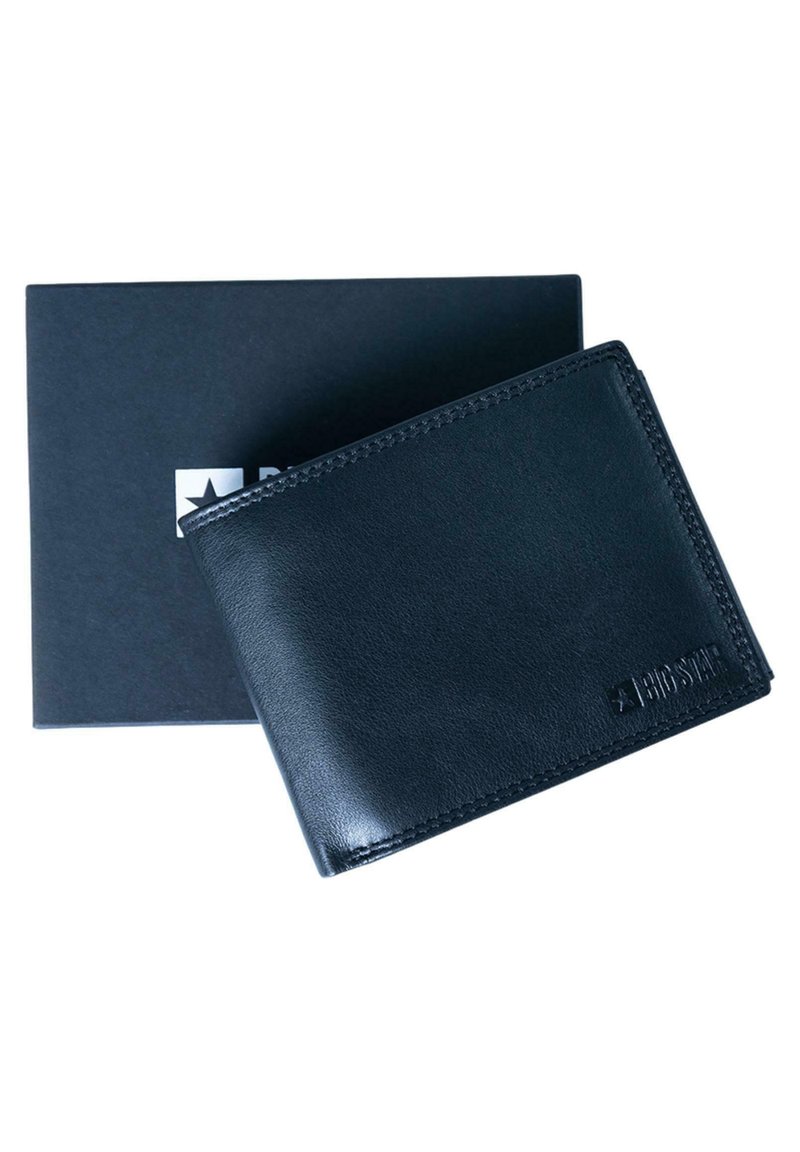 Black leather wallet with a smooth texture, slim design, and visible stitching. Packaged in a sleek black box featuring a logo.