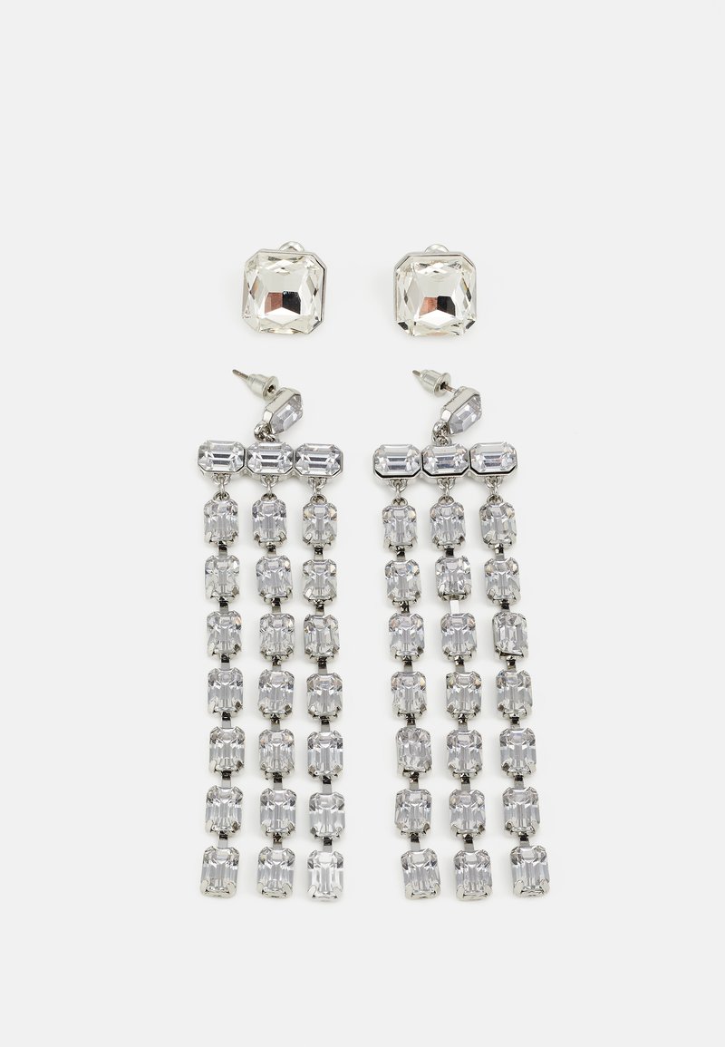 Crystal drop earrings with silver-tone hardware, featuring a square stud and cascading rows of rectangular and octagonal crystals.