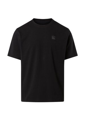 Schwarzes Baumwoll-T-Shirt mit kurzen Ärmeln, Rundhalsausschnitt und einem kleinen schwarzen Logopatch auf der linken Brust. Einfaches, einfarbiges Design.