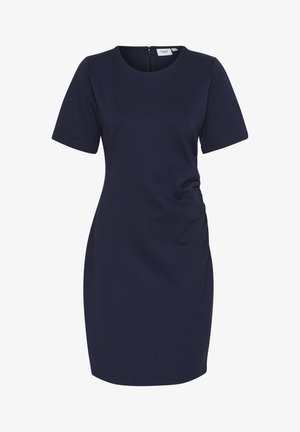 Tumedate kleit siledast kangast, lühikeste varrukatega, ümarate kaelustega, külgede voltimisega ja seljal lukuga.