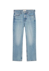 Vaqueros de denim azul claro con corte recto, que cuentan con bolsillos frontales y cierre de botón. Se pueden ver detalles sutiles de desvanecimiento y costura.