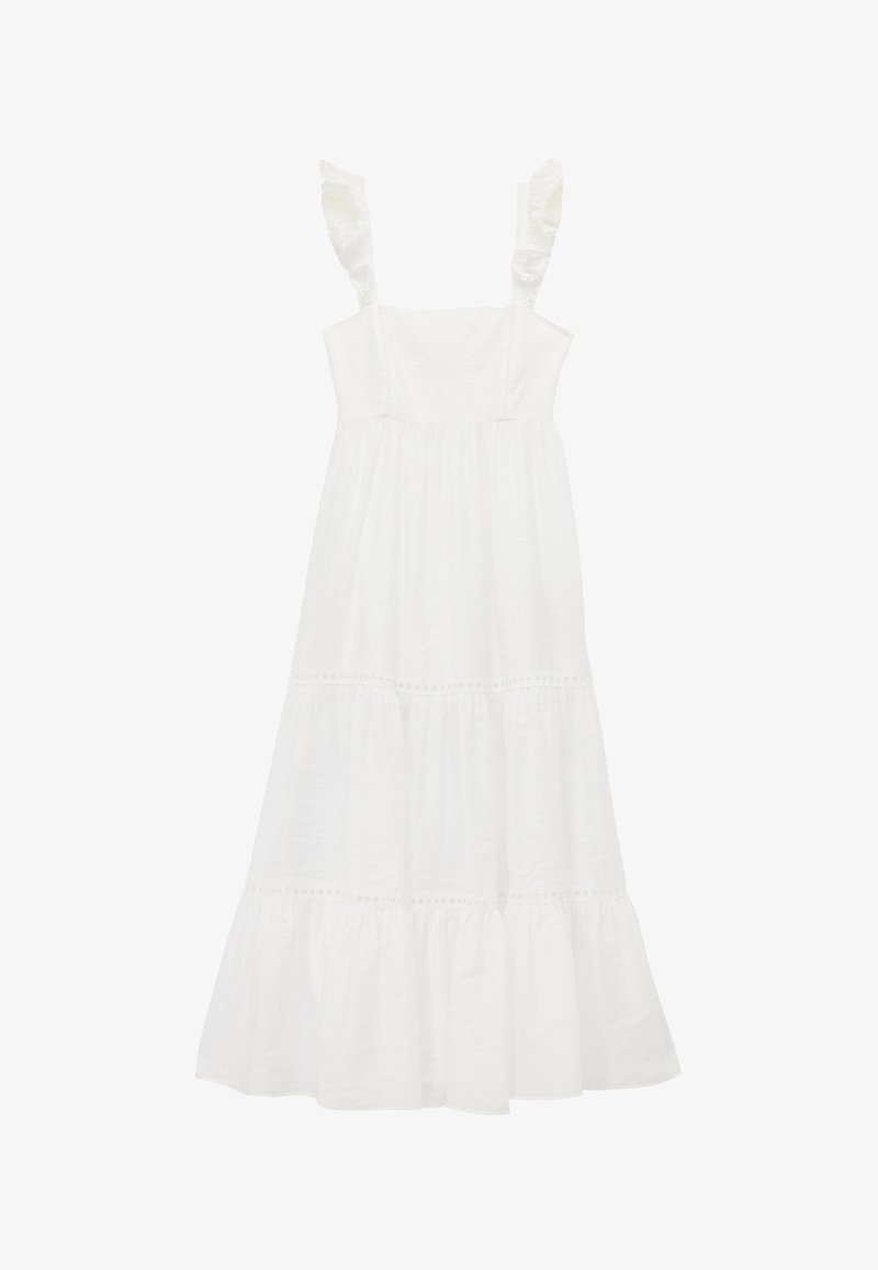 Biała sukienka na warstwach wykonana z lekkiego materiału, z falbaniastymi ramiączkami i haftowanym gorsecikiem, o zwiewnej sylwetce i teksturowanym wykończeniu na dole.