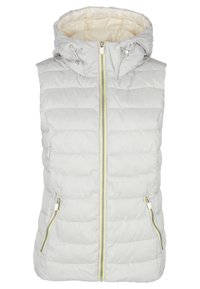 Lichtgrijs gewatteerd vest met capuchon, voorzien van een voorrits met gele accenten, twee zijzakken en een horizontaal gestikt patroon.