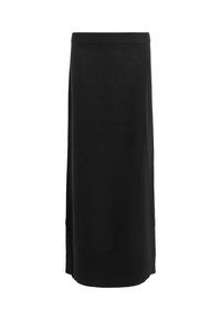 Jupe midi noire taille haute, coupe droite, avec une subtile fente latérale et une taille élastique sur fond blanc.
