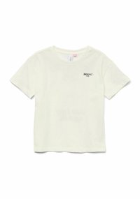 Camiseta de manga corta verde claro hecha de una tela suave. Presenta un pequeño gráfico negro de "BREAKFAST" en el área del pecho izquierdo. Diseño simple.