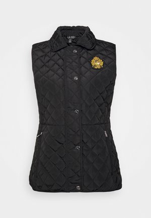 Veste noire matelassée sans manches avec boutons sur le devant, poches latérales zippées, col et écusson brodé en or sur la poitrine gauche.