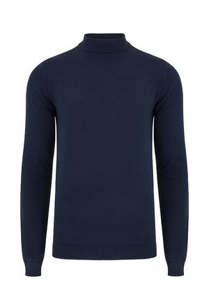 Granatowy sweter z kołnierzem typu turtleneck, wykonany z dzianiny, z długimi rękawami oraz prążkowanymi mankietami i dolnym wykończeniem, zapewniającymi dopasowany krój.
