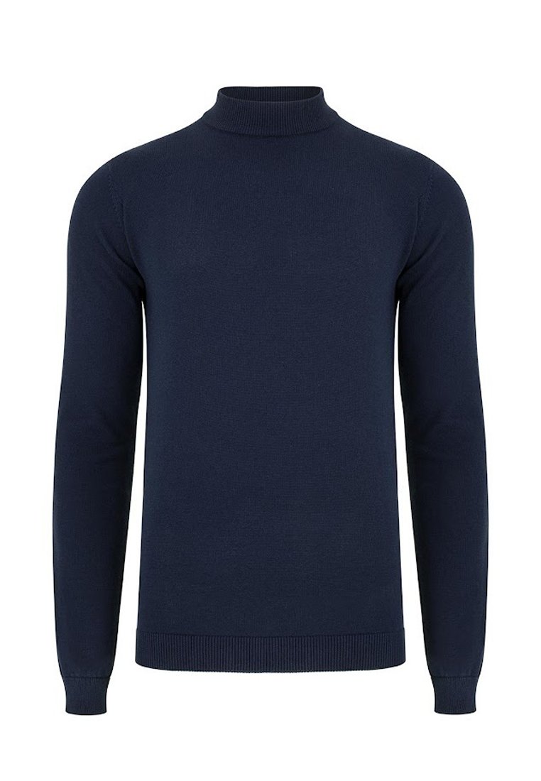 Granatowy sweter z kołnierzem typu turtleneck, wykonany z dzianiny, z długimi rękawami oraz prążkowanymi mankietami i dolnym wykończeniem, zapewniającymi dopasowany krój.
