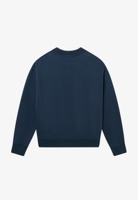 Sweat-shirt bleu marine à manches longues avec col rond, poignets et ourlet côtelés, vu de dos sur fond blanc.