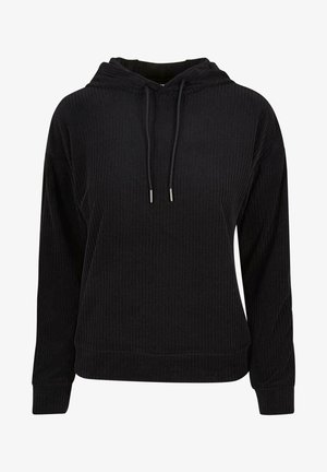 Juoda gobtuvinė palaidinė su raukšlėtu audiniu, ilgomis rankovėmis ir raištelių detalėmis. Yra laisvas kirpimas ir minkšta medžiaga.