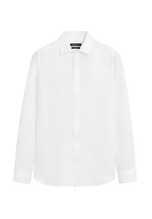 Wit overhemd met lange mouwen met knopen, klassieke kraag, rechte manchetten en een subtiel logo-label aan de binnenkant van de halslijn.